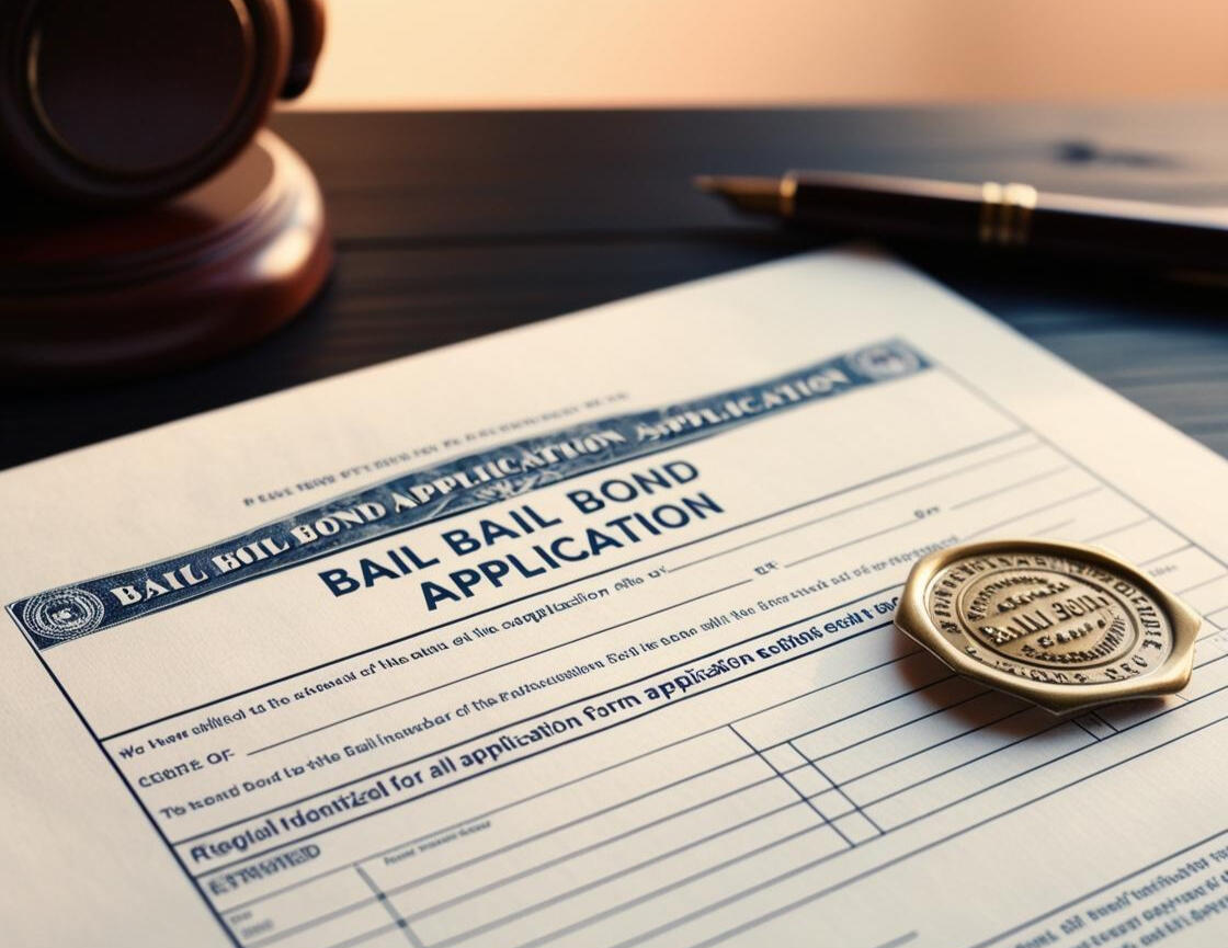 Bail Bond Application Process A bail bond application, an ink pen, and a gavel on a desk.